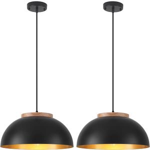 Large Pendant Lights, 16" Black Pendant Light for Kitchen Island, Farmhouse Pendant Light Fixtures for Dining Room, Living Room, Bedroom, Bar, Vintage Pendant Lamp with Wooden Holder, 2 Pack