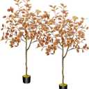 HUAESIN 5FT Fall Trees 2 Pack Autumn Eucalyptus Artificial Tree for Fall Decor Silk Fake Plants in Plastic Pot Farmhouse Indoor Decor Home Thanksgiving Christmas Outdoor Decorations