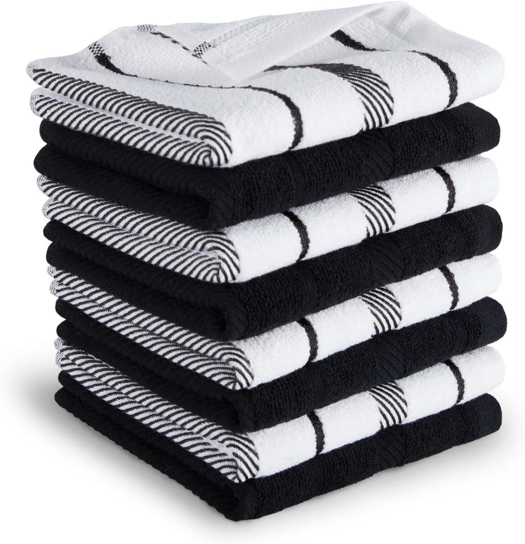 KitchenAid Albany Dishcloth 8 Pack Set, Matte Black/White, 12"x12" (Small)