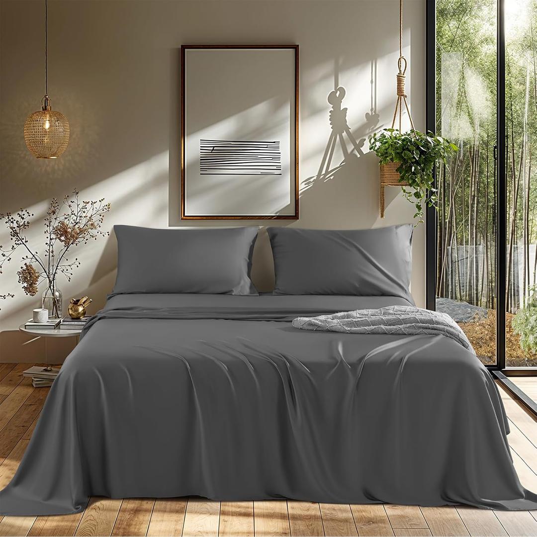 LBRO2M Cooling Bed Sheet 100% Viscose Derived from Bamboo Sheet Set Queen Size 4 Piece,16" Deep Pocket, 1800 TC Sheet Super Soft Silky Smooth,Breathable Comfortable (Queen Dark Gray)
