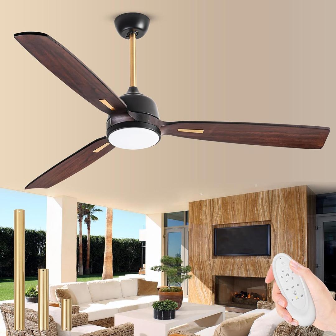 60 inch Wood Ceiling Fan with Lights, Outdoor Ceiling Fans for Patios with Remote, Damp Rated Ceiling Fan, Quiet DC Motor 3 Blade High CFM Ceiling Fans for Indoor Exterior