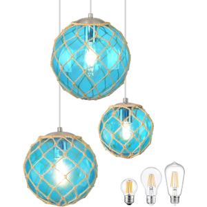 3-Light Blue Coastal Pendant Light Kitchen Island 3 Globe Glass Ocean Chandelier Beach House Boho Chandelier Hanging for Dining Room Living Room Bedroom Foyer (Bulb Incl.)