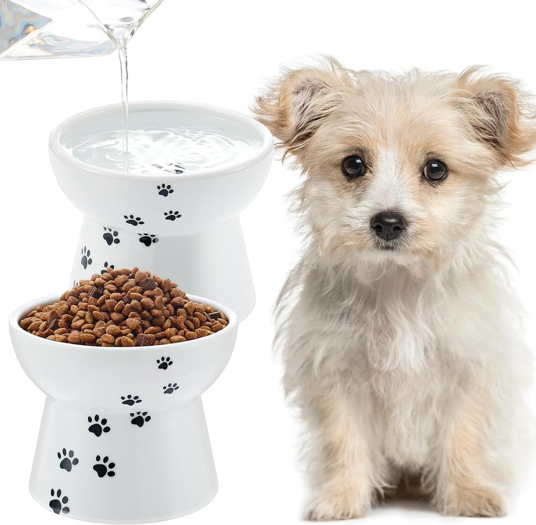 Teenyyou 2 Pack Elevated Dog Bowls Cute Ceramic Raised Dog Bowl Nonslip Elevated Water Bowl for Dogs, Dishwasher and Microwave Safe