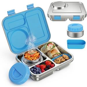 Stainless Steel Bento Lunch Box with 8oz Insulated Food Jar, 3 Compartment Metal Bento Lunch Container for Kids & Adults with Silicone Container and Food Thermo for Work & School, BPA-Free(Blue)