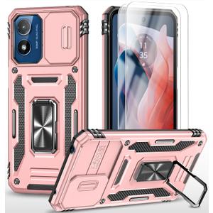 PhuLok Compatible with Motorola Moto G Play 2024 Case[4G Version] with HD Screen Protector,[Slide Camera Cover][Kickstand][Military-Grade] Heavy Duty Protection (Rose Gold)
