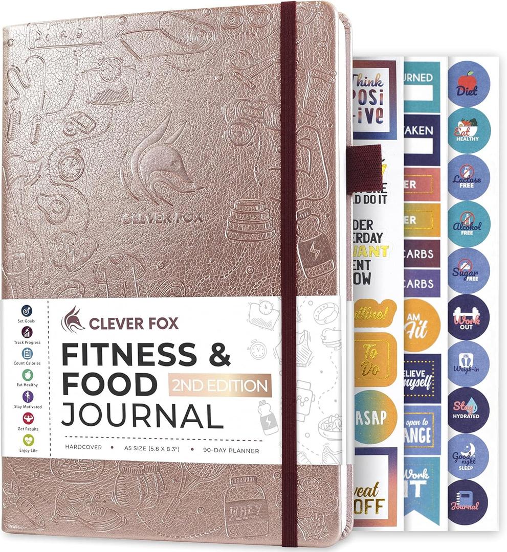 Clever Fox Fitness & Food Journal  Nutrition & Workout Planner for Women & Men  Diet & Gym Exercise Log Book with Calendars, Diet & Training Trackers - Undated, A5 Size, Hardcover (Rose Gold)