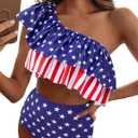 VIMPUNEC Ruffle One Shoulder Swimsuits for Women Striped High Waisted Two Piece Bathing Suits (Small, American Flag 3)