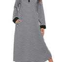 Ekouaer Womens Nightgown Long Loungewear V Neck Nightshirt Sleepwear Full Length Sleepshirt with Pockets (X-Large, Grey White Striped)