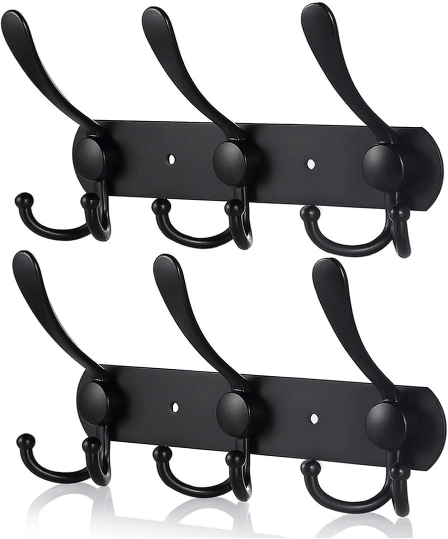 Coat Rack Wall Mounted,3 Tri Stainless Steel Coat Hook for Coat Hat Robes Towel in Mudroom Entryway (Black, 2 Pack 3 Hook) (2 Pack 3 Hook, Black)