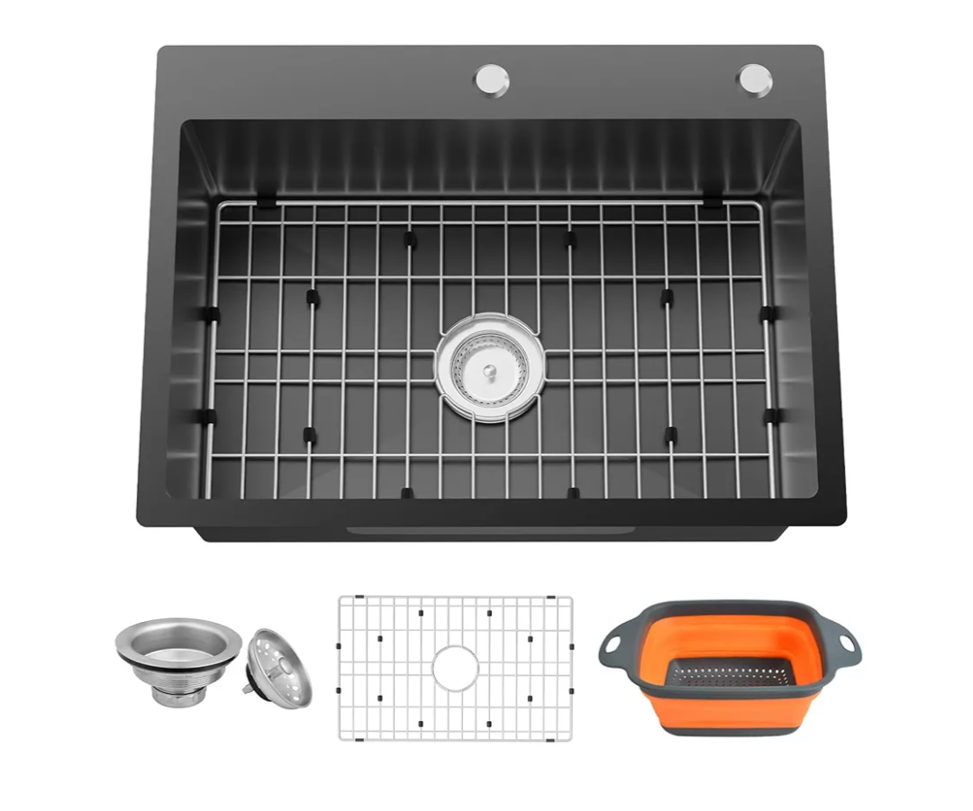Black Kitchen Sink,25x18 Inch Kitchen Sink Stainless Steel Drop In Kitchen Sink Topmount Stylish and Modern Look Sink With Bottom Grid, Drain Basket And Drain Assembly Add Elegance & Enhance Usability