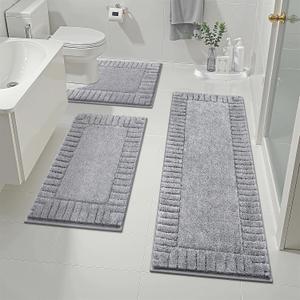Pauwer Bathroom Rugs Sets 3 Piece Bathroom Shower Rugs with U-Shaped Contour Toilet Mat Absorbent Microfiber Plush Bath Mats Non Slip Bath Rugs Machine Washable Shaggy Bath Mat Set, Light Grey (18"x26"+18"x48"+U Shape 20"x24")