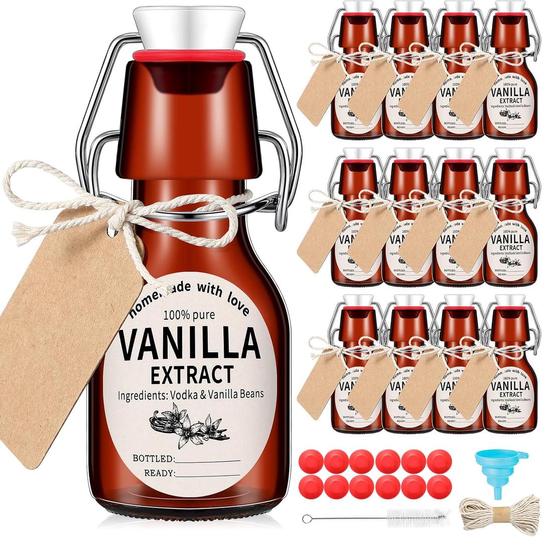 Vesici 12 Sets Swing Top Glass Bottles Set Amber Homemade Vanilla Extract Bottles Vanilla Extract Jars for Christmas DIY Crafts (2 Oz)