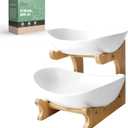 Seven Sparta 2 Tier Fruit Bowl for Kitchen Counter/Ceramic Serving Bowls with Bamboo Stand/Tiered Fruit Basket for Fruit Vegetable Storage, Cake, Dessert, Nuts, Snack, Salad (Dishwasher Safe)