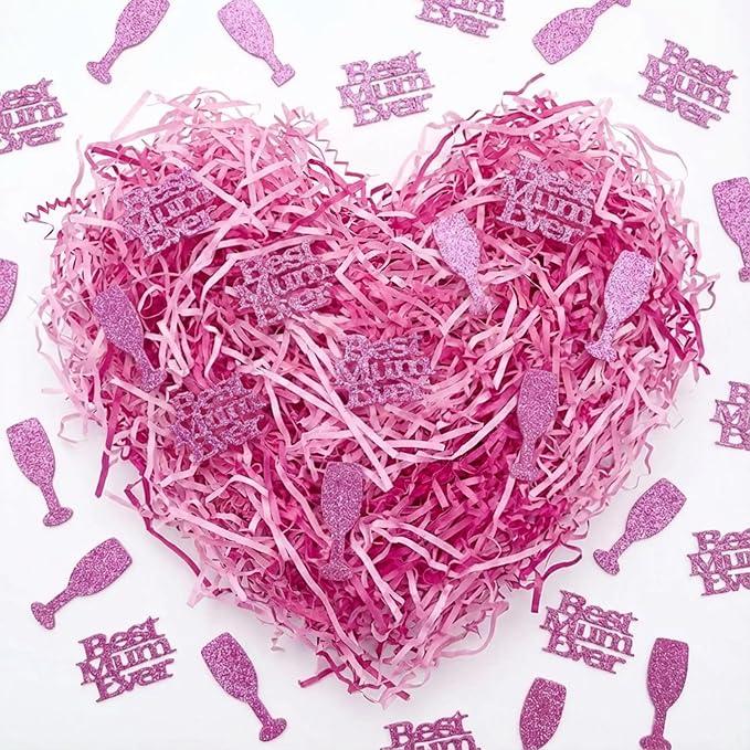 Supervitae Mother's Day Crinkle Cut Paper Shred Filler with Wine Glass, Bottles and Word Confetti Shred Paper Basket Filler Red Pink Raffia Tissue Grass for Gift Boxes Basket Holiday Packaging