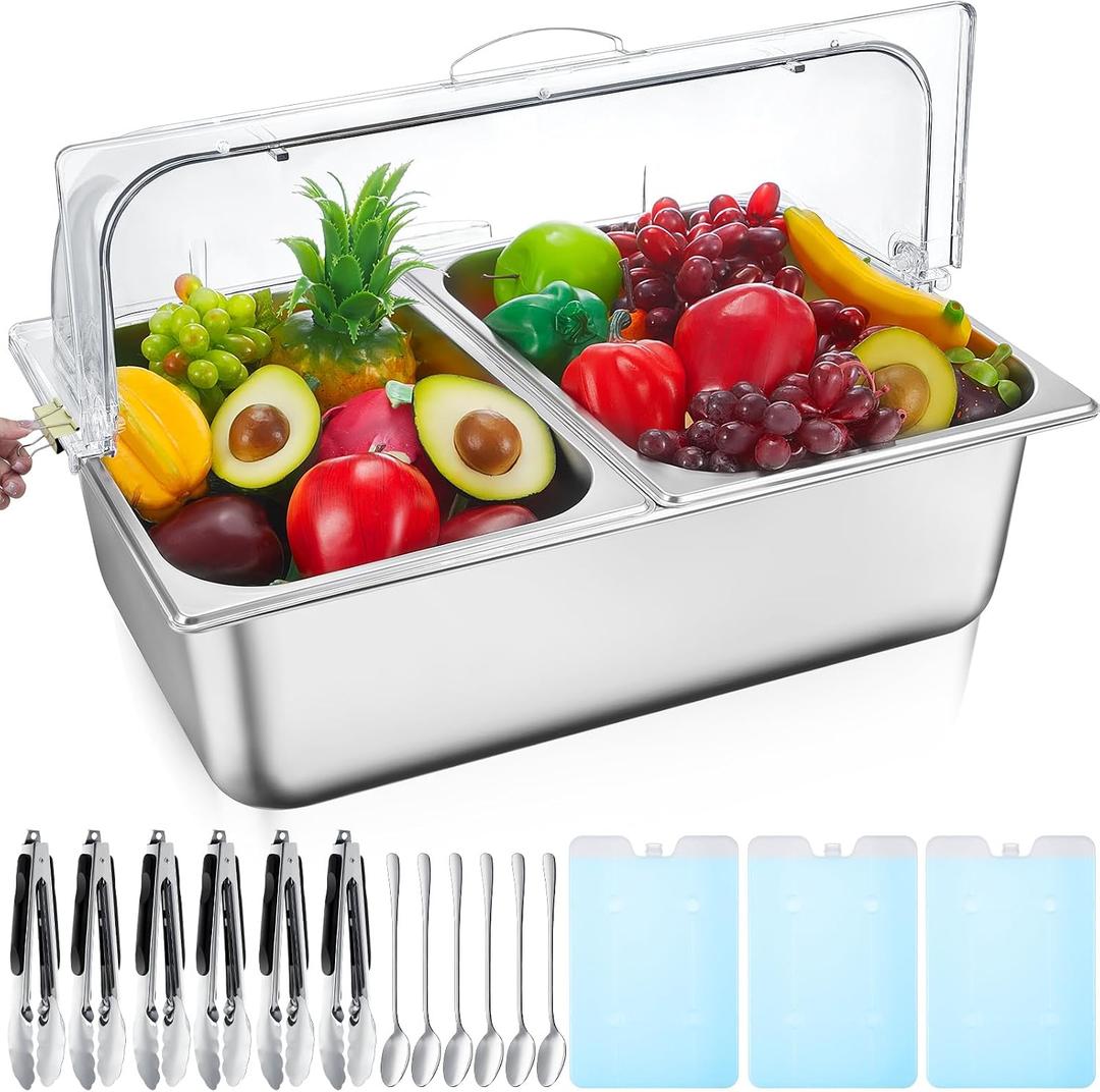 Tessco for you Ice Food Spice Serving Display Countertop Chilled Condiment Container Set with Lid, Stainless Steel Salad Caddy for Buffet Restaurant Kitchen Party(2 Compartments)