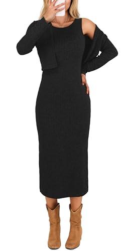 GRECERELLE Women's Fall 2 Piece Sets Long Sleeve Cropped Cardigan Split Crewneck Midi Dress, Black, XL