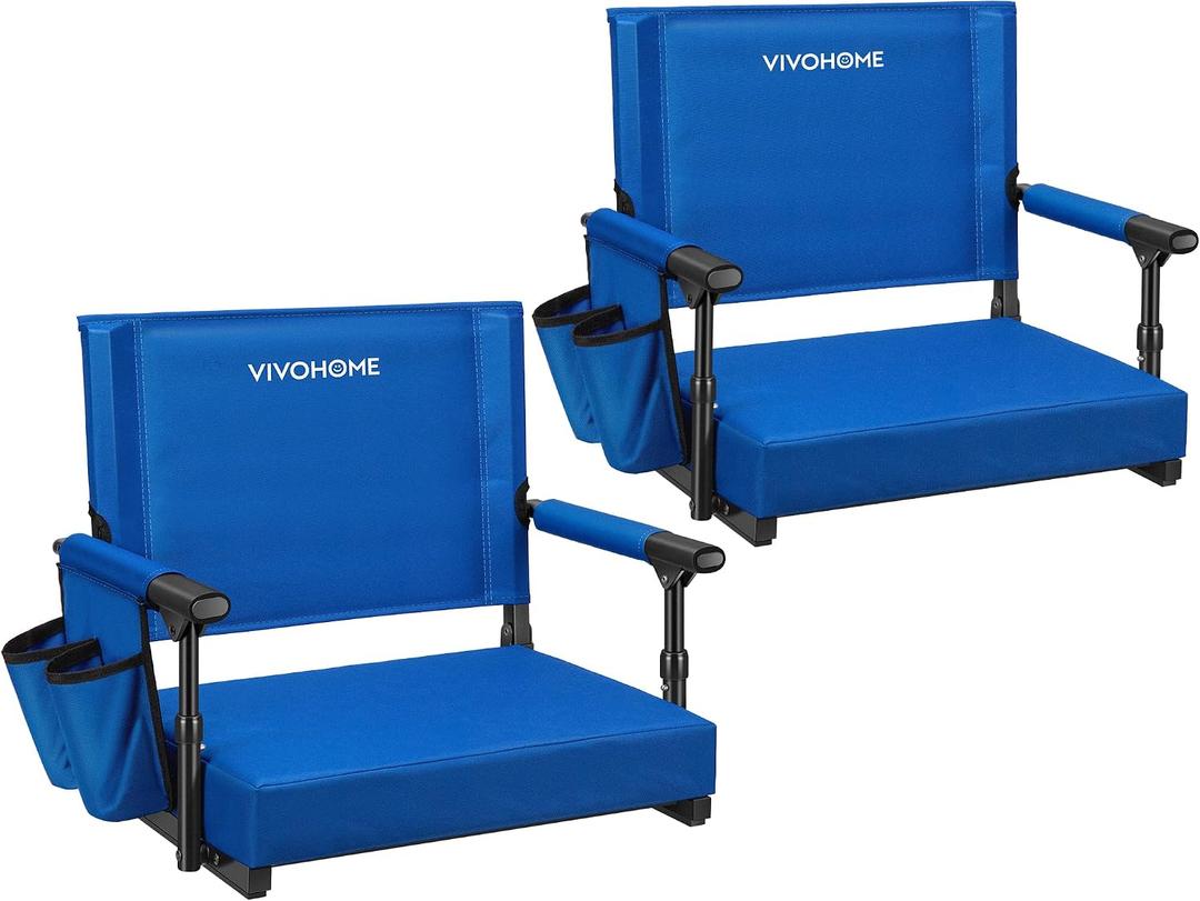 VIVOHOME Stadium Seats with Back Support and Cushion, 2 Pack Portable Bleacher Chairs with Cup Holder and Shoulder Strap, 18.1 X 14.0 X 17.1 in (Blue)