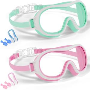 Aegend 2 Pack Swim goggles for Kids 3-15, Anti-Fog Anti-UV Wide Vision Waterproof, No leak Swimming goggles for Boys Girls (Light Green & Light Pink)