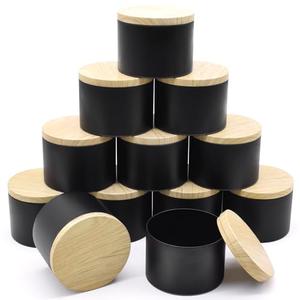 YJHSS 16oz Candle Tins with Metal Wood-Grain Printing Lids, 12-Pack Premium Matte Black Candle Jars for Making Candles, Empty Bulk 8 oz Candle Containers for Making Candles -Black
