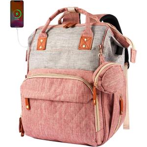 MosaiRudo Diaper Bag Backpack Baby Bag,Waterproof, Travel Diaper Bags with Pacifier Case for Baby Girl Boy Backpack for Women (Pink-Gray)
