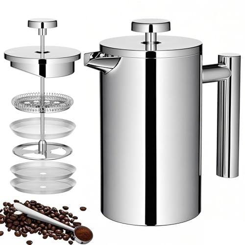 Meelio French Press Coffee Maker, 600ml/20oz Silver Stainless Steel Coffee Press, Double-Wall Insulated, Food Grade & Rust-Free, Included 2 Extra Filters, Dishwasher Safe