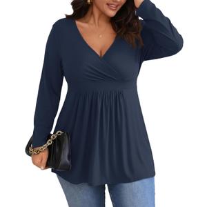 POSESHE Womens Plus Size Long Sleeves Tops 2025 Fall Winter Tunic Tops Casual V-Neck Wrap Shirts Dressy Work Blouses 2XL