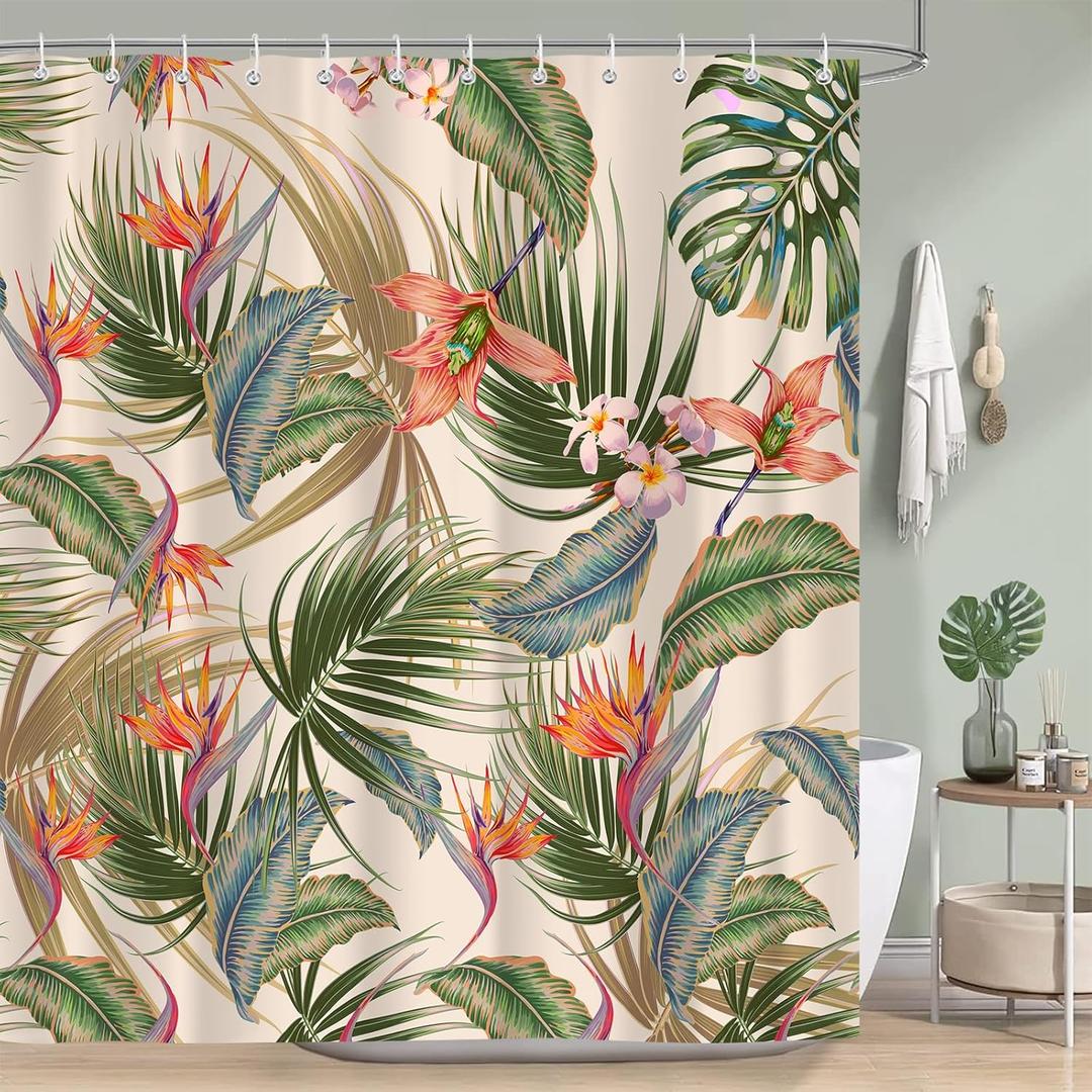 Tropical Shower Curtain, Colourful Leaves Floral Palm Leaf Hawaiian Botanical Plant Bathroom Decor, Waterproof Cloth Fabric Bath Curtain with Hooks 72 x 84 inch (Beige)
