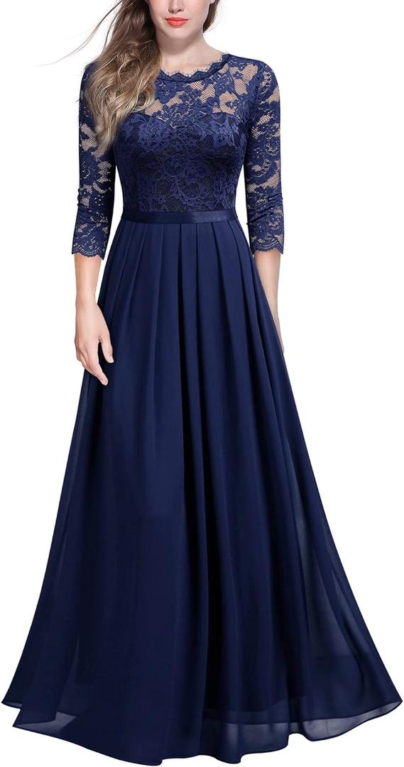Miusol Women's Elegant Floral Lace 3/4 Sleeve Bridesmaid Formal Maxi Dress (XX-Large, A-navy Blue)