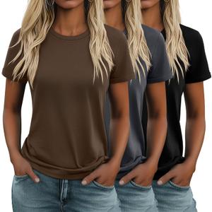 Huukeay 3 Pack Women's Cotton T Shirts Casual Short Sleeve Tunic Tops Crewneck Summer Loose Fit Plain Basic Tee (L)