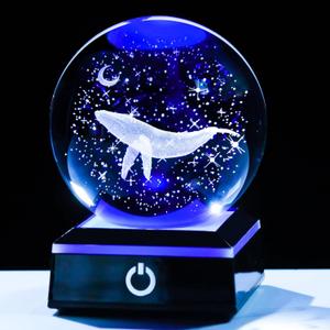 YWHL 80mm 3D Engraved Whale Crystal Ball with LED Base, Glass Sea Animal Sphere Whale Figurine Decoration Crystal Whale Night Light Gifts for Men Women Friends