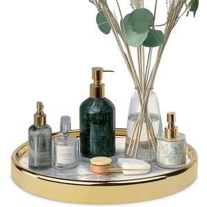 Round Marble Decorative Tray, Multi-Functional Storage Organizer for Vanity, Coffee Table, Jewelry, Perfumes and Home Decor, Luxury Accent Tray (8.6", White)