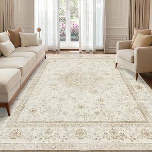 Washable Area Rug 8x10: Boho Vintage Cream Rugs for Living Room Bedroom - Soft Non Slip Stain Resistant Carpet Indoor - Beige Floral Medallion Design (8' x 10' (Rectangular), Beige Cream)