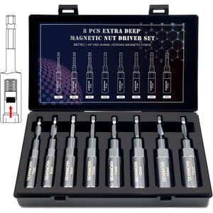 Extra Deep Magnetic Nut Driver Set, 8 PCS Adjustable Deep Nut Driver Set for Impact Drill, Metric, Quick-Change 1/4" Hex Shank,Cr-V Steel