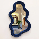 Irregular Wall Mirror Living Room Decor, Decorative Wavy Funky Mirrors with Flocking Touch, Modern Asymmetrical Mirror for Hallway Entryway Staircase Bathroom Bedroom (Dark Blue)
