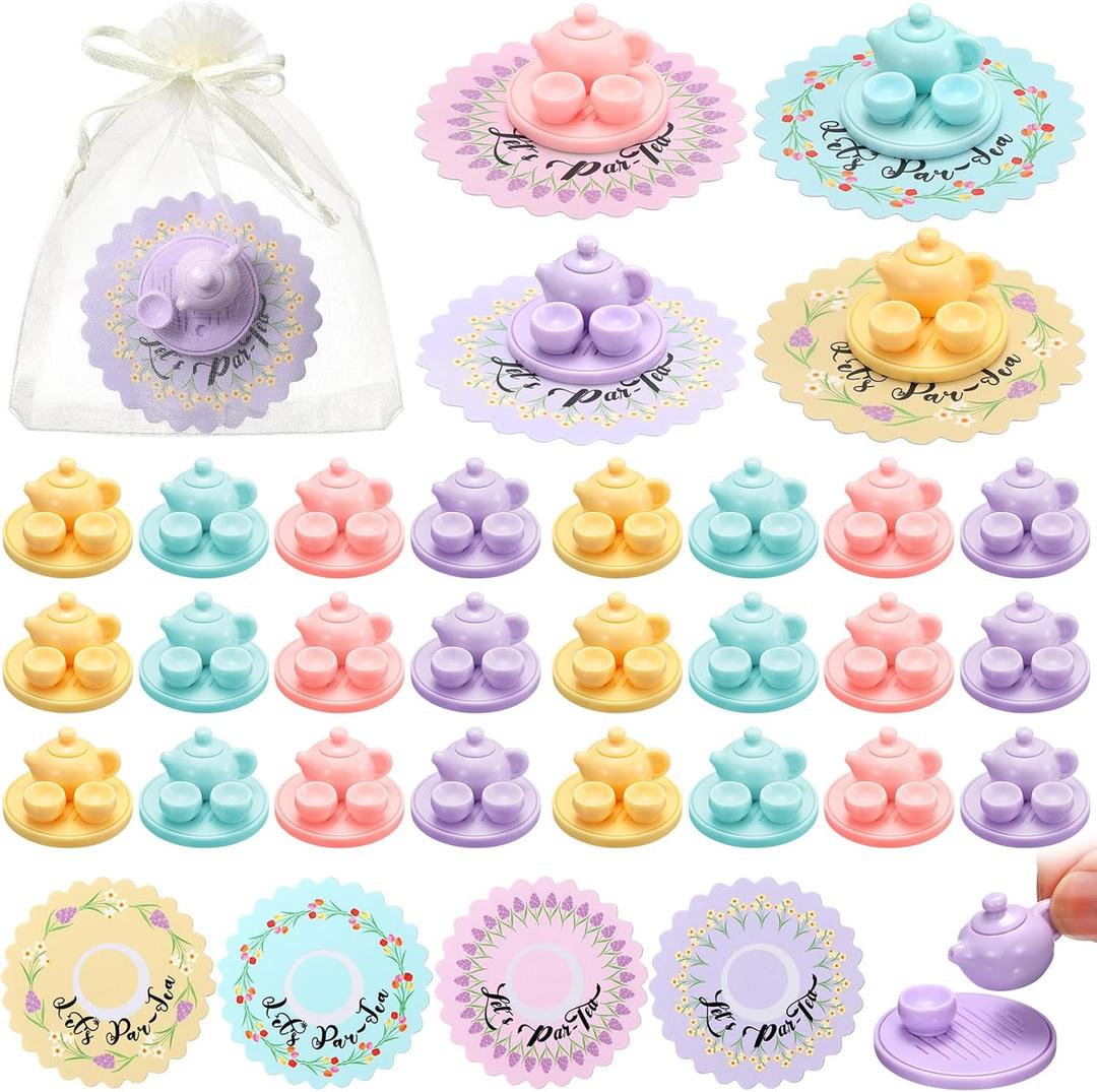 24 Sets Small Tea Party Favors Mini Teapots Teacups Set Miniature Tea Cups Gift Resin Figures with Cards 4 Colors for Kids Carnival Prizes Birthday Party Supply