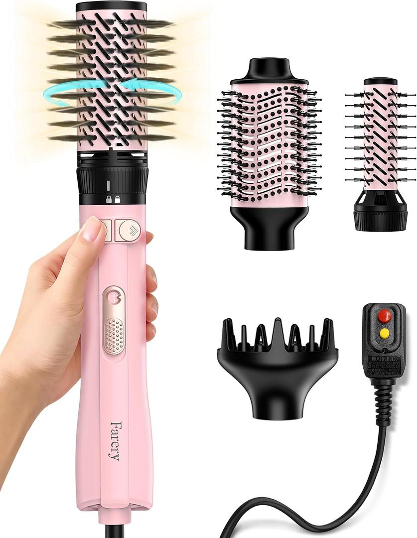 Farery Rotating Hot Air Brush Set 1000W 4 in 1 Blow Dryer Brush Styler with Diffuser, Hold-to-Rotate Round Brush for Volume, Smooth & Curl, Best for Fine to Medium-Thick Hair, Pink