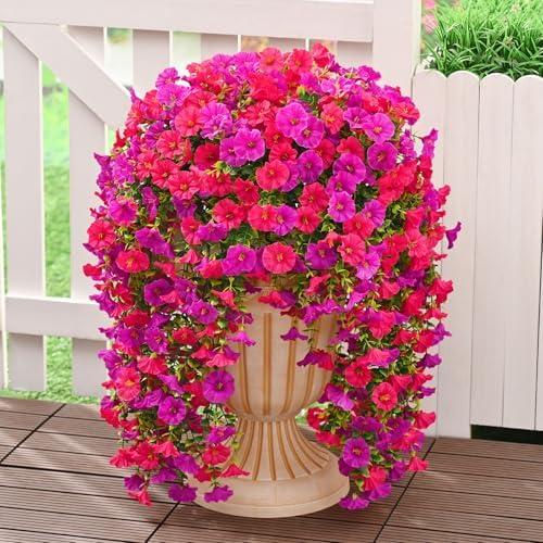 Dolicer 8 Packs Look Real Artificial Flowers for Outdoors, Fake Artificial Hanging Flowers for Outdoors Realistic UV Resistant Faux Hanging Flowers Silk Petunia for Porch Patio (Fuchsia+Rose Red)