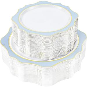100 PCS White and Blue Disposable Plates for 50 Guests, Scalloped Plastic Plates Include 50 Dinner Plates and 50 Dessert Plates for Party, Wedding and Graduation