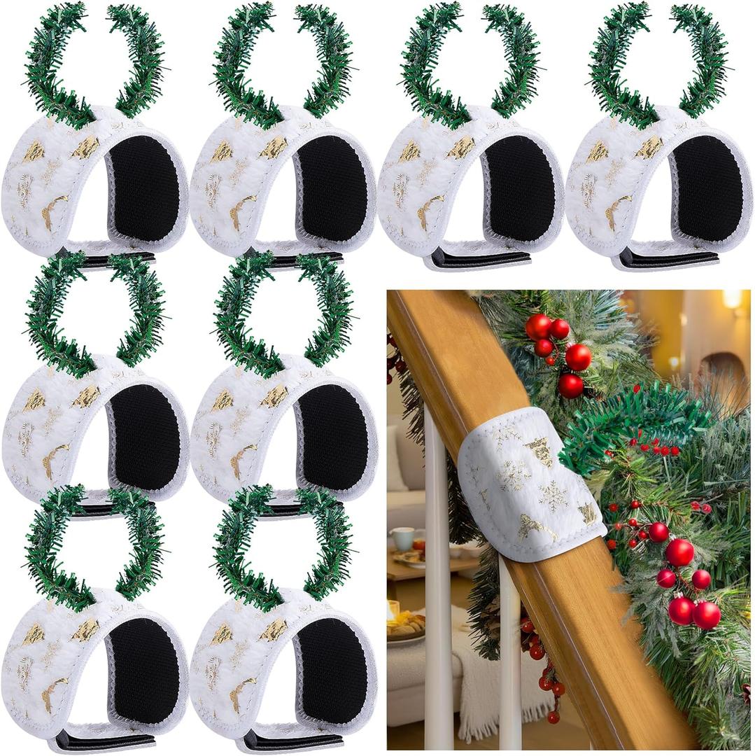 8 Pcs Railing Protection Christmas Garland Ties, White Decorative Banister Garlands Hanger, Adjustable Banister Protective Padded Faux Pine Stems Garland Ties for Staircase Wreath Home Holiday Decor
