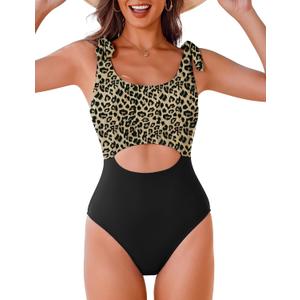 AI'MAGE One Piece Swimsuit Women 2025 Tummy Control Bathing Suits Cutout Scoop Neck Swimwear Push Up Swim Suit (X-Large, Leopard)