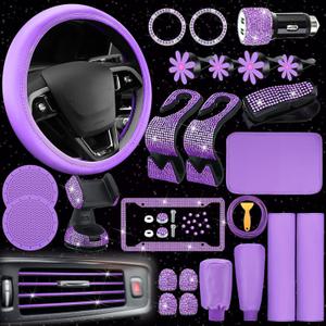 Nuanchu 46 Pcs Bling Car Accessories Set for Women Leather Steering Wheel Cover Seat Belt Covers Diamond Rings Sticker Rhinestone Cup Holders USB Adapter Flower Air Vent Clip (Purple)