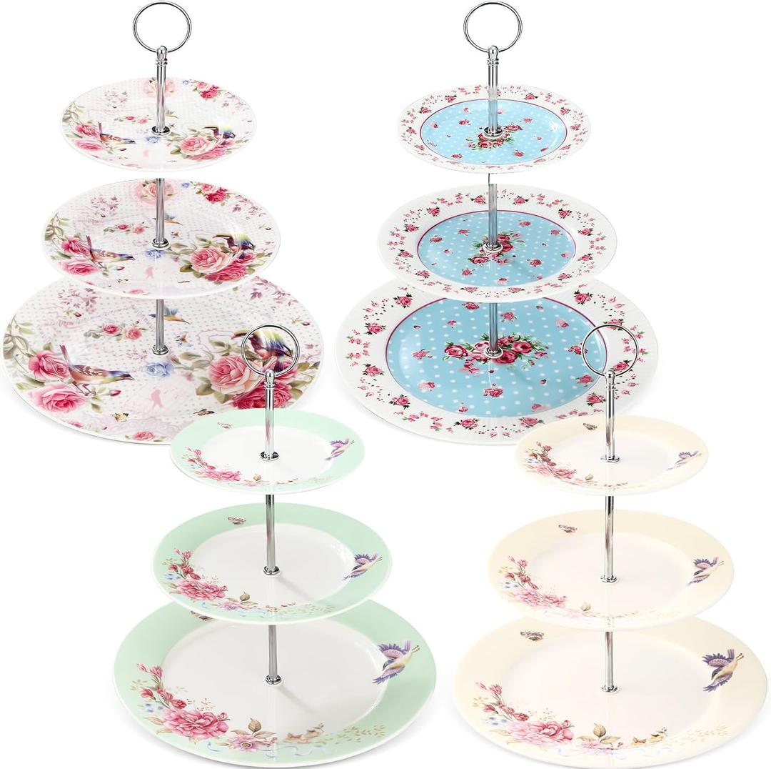 Dandat 4 Pcs 3 Tier Cake Stand Floral Ceramic Afternoon Serving Tray Porcelain Dessert Stand 6" 8" 10" Cake Stand 3 Tier Serving Platter for Tea Party, Wedding and Birthday, 4 Colors