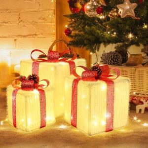 TOAOB Christmas Lighted Gift Boxes: Set of 3 Light Up Presents Christmas Decoration for Indoor Xmas Tree Outdoor Yard Holiday, Battery Operated Gift Boxes with Pre-lit 50 Warm White Lights