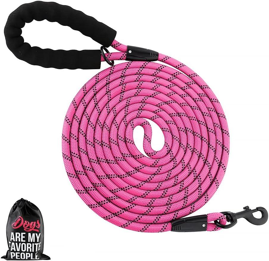 Plutus Pet Long Rope Dog Leash With Comfortable Padded Handle - Reflective Nylon Heavy Duty 15FT 20FT 30FT Training for Small Medium Large Dogs (20FT, Pink)