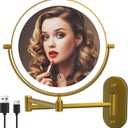 Rechargeable Wall Mounted Lighted Makeup Vanity Mirror 8 Inch Double Sided 1X 10X Magnifying Bathroom Mirror, 3 Color Lighting, Touch Screen Dimming, 360 Rotation Shaving Mirror (Antique Brass)