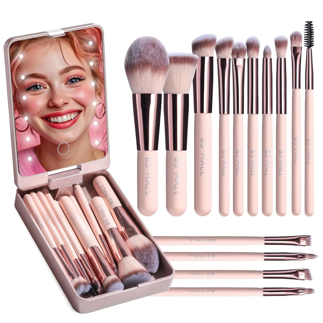 BS-MALL Makeup Brushes Foundation Powder Concealers Eye Shadows Makeup Set with LED light Mirror 14 Pcs Mini Makeup Brushes (APINK) (Black/White/Pink)