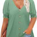 Beautife Womens Plus Size Tunic Tops V Neck Short Puff Sleeve Tops Casual Summer Eyelet Blouses