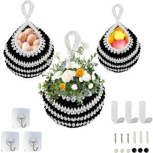 Small Hanging Fruit Baskets for Kitchen,3 Pack Boho Wall Hanging Basket, Handwoven Hanging Holder Home Produce Basket for Fruits Vegetable Potato Onion Storage (Black and white).