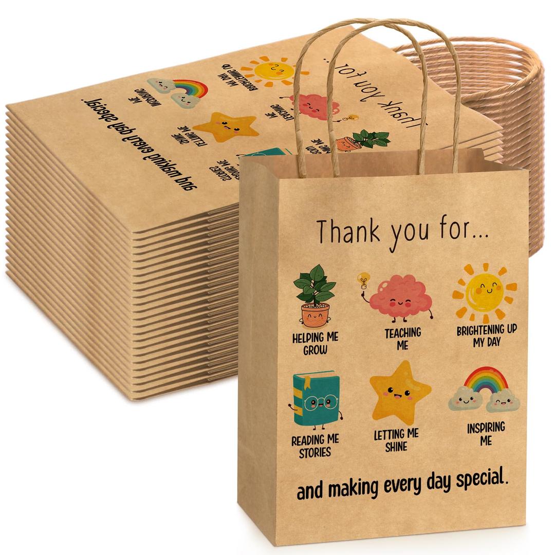 Tenceur 25 Pcs Teacher Appreciation Gifts Bags Bulk for Women Men Teacher Thank You Gifts Paper Bags with Handles for End of Year Graduation Retirement School Staff Coworkers Wrapping Supplies