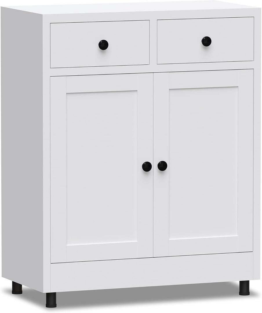Metal Storage Cabinet with 2 Drawers and Adjustable Shelf, Sideboard Buffet Cabinet for Home, Office, Hallway, Entryway, Living Room, Kitchen Pantry and Dining Room (White), 34.8"H